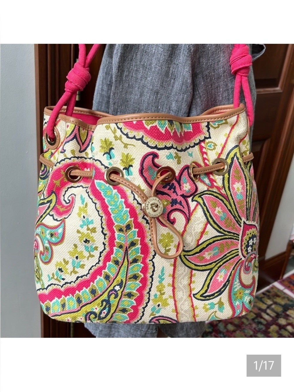 Spartina  Linen natural  shoulder bag   heavy duty  leather trim  hot pink/cream